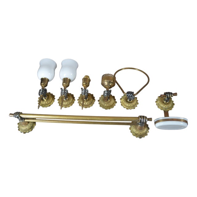 Art Deco French Bronze Bathroom Fixture Set with Fist Motifs, 1930s, Set of 7 For Sale