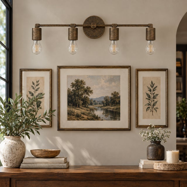 Bring warm, refined lighting to a bathroom, dressing area, or bedroom with this handcrafted 4-light brass vanity sconce....