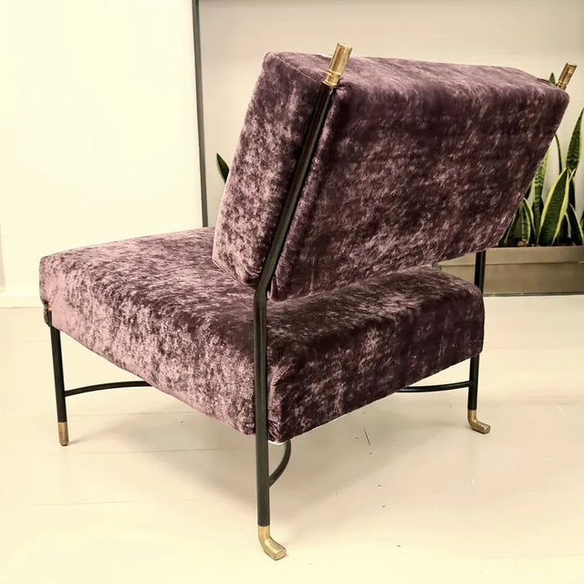 Vintage Purple Velvet armchair in Black Rod Frame and Brass Finials from Poltrona, 1950s, in Restored conditions. Designed...