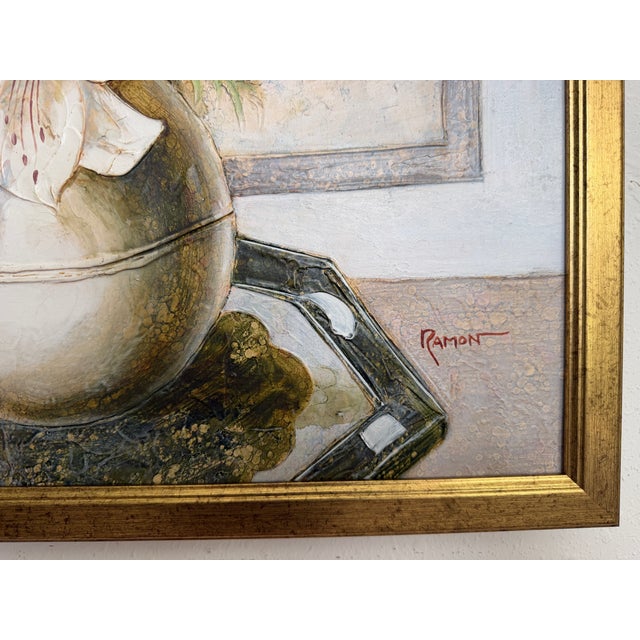Vintage Ramon Textured Floral Still Life Painting Lilies Framed Canvas Art For Sale - Image 11 of 12