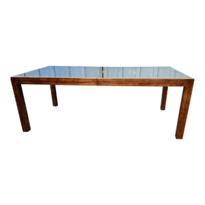 Mid 20th Century Henredon Furniture Brass Trim Etched Smoky Glass Top Extension Dining Table With 2 Leaves
