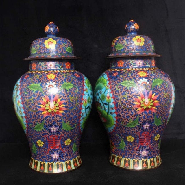 Chinese Large Pair of Chinese Cloisonné Enamel Mandarin Duck & Lotus Jars With Lids - 19" Tall For Sale - Image 3 of 9
