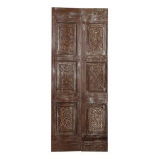 Antique Floral Carved Double Doors – Rustic Farmhouse Hinged or Barn Door 80x35 For Sale