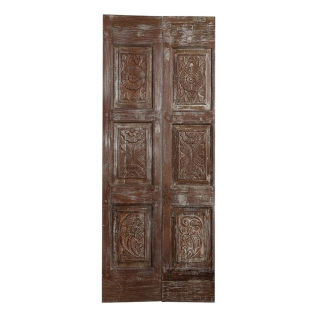 Antique Floral Carved Double Doors – Rustic Farmhouse Hinged or Barn Door 80x35 For Sale