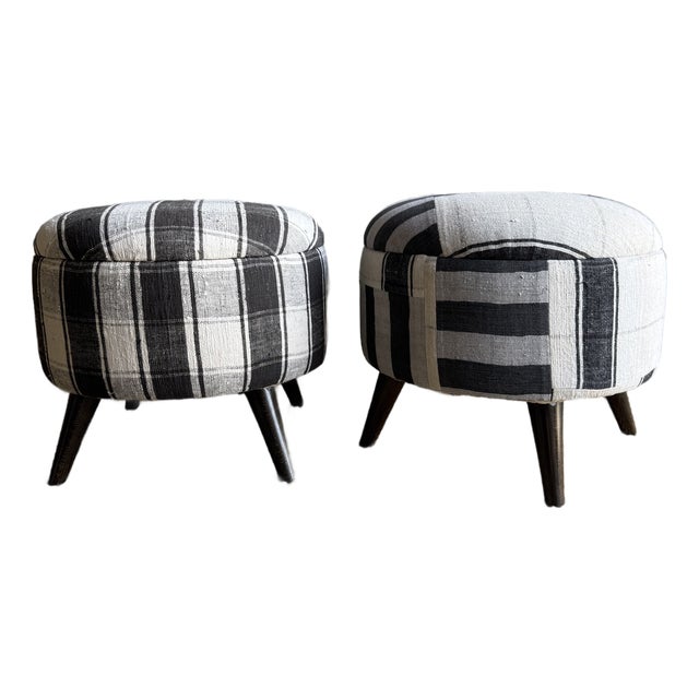 Pair of Modern Neutral Gray, Black & Greige Stripe Ottomans Made From Vintage Turkish Rugs For Sale