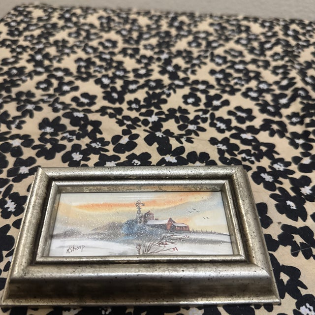 Illustration 1970s Kit Shoop Original Art Tiny Winter Landscape With Red Barn and Windmill For Sale - Image 3 of 5