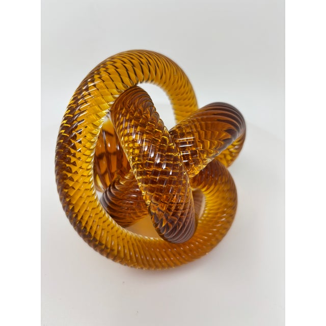 Signed Amber & Cognac Art Glass Infinity Knot Sculpture, Serpentine Texture For Sale - Image 13 of 17