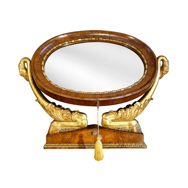 Early 19th Century Italian Empire Walnut Psyche Table Mirror with Gold Gilt Swans and Ebony Inlay For Sale - Image 5 of 12