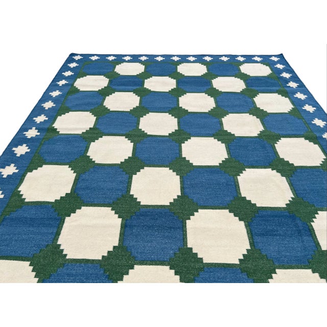 Textile Handmade Woolen Flat Weave Tile Patterned Sky Blue and Forest Green Area Rug - 10'x14' For Sale - Image 7 of 10