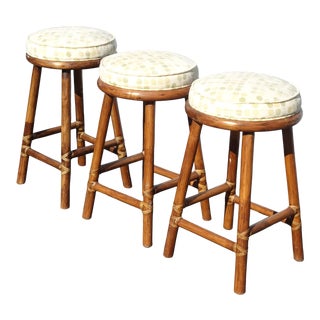 Vintage Set Three French Country Polka Dot McGuire Counter Stools Bar Stools #2 For Sale
