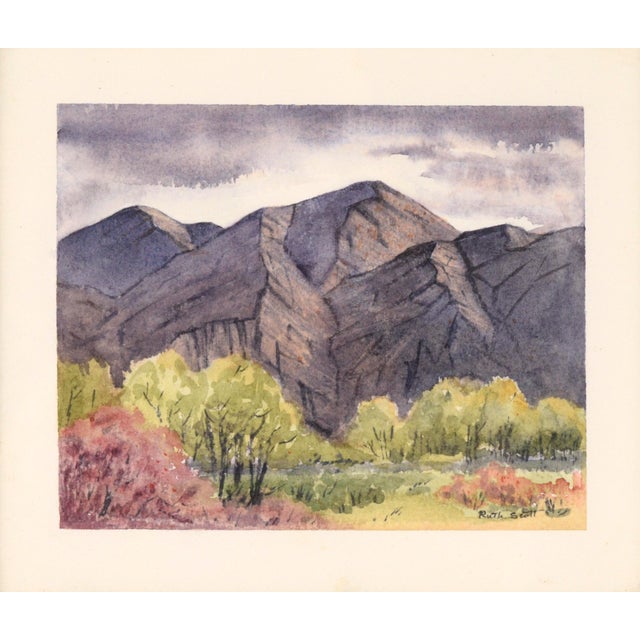 Small Rocky Mountain landscape by Sacramento, California artist Ruth Scott (American, 1891-1964). A purple sky looms over...