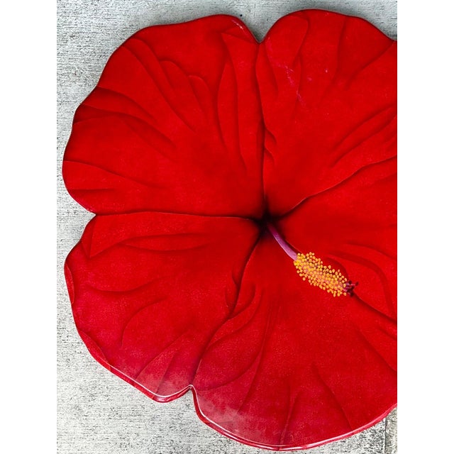 Red Vintage Red Hibiscus Flower Lazy Susan For Sale - Image 8 of 12