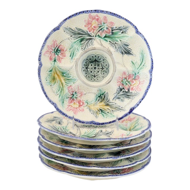 19th-C French Majolica Oyster Plates, Set of 6 For Sale