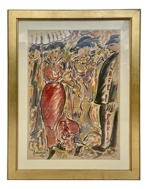 André Meurice, Café de Paris, Gouache & Watercolor, Framed