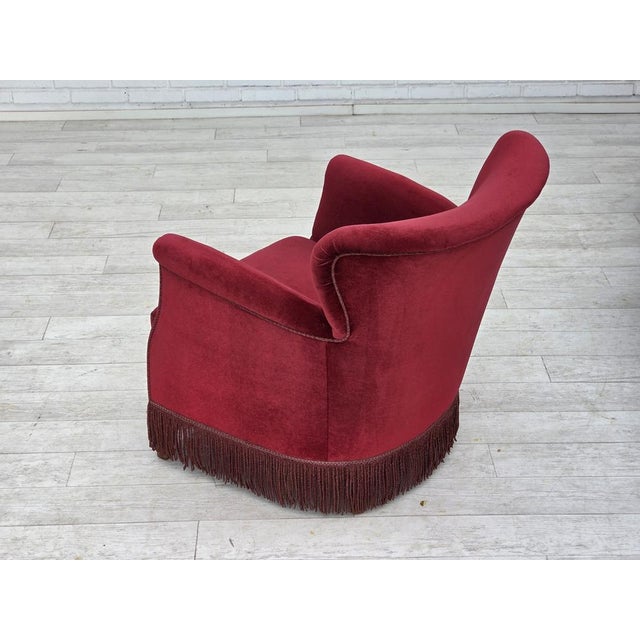 Vintage Danish Lounge Chair in Cherry-Red Furniture Velour and Oak, 1960s For Sale - Image 18 of 18