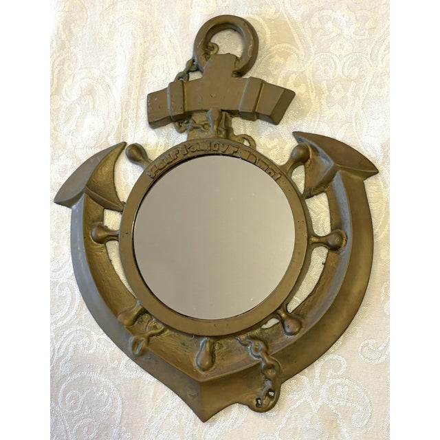 French Vintage Solid Brass Coastal Style Anchor Mirror 'Pour l'Amour De Moi' Made in Taiwan For Sale - Image 3 of 11