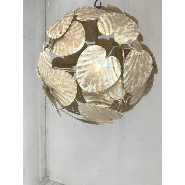 Gold Contemporary Gold-Leaf and White Leaves Sphere Suspension Pendant For Sale - Image 8 of 8