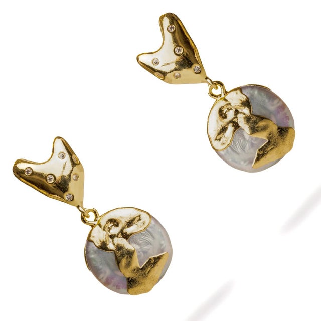 Early 21st Century Love Gold Melted & Diamond Heart Stud Pearl Drop Earrings, A Pair For Sale - Image 5 of 7