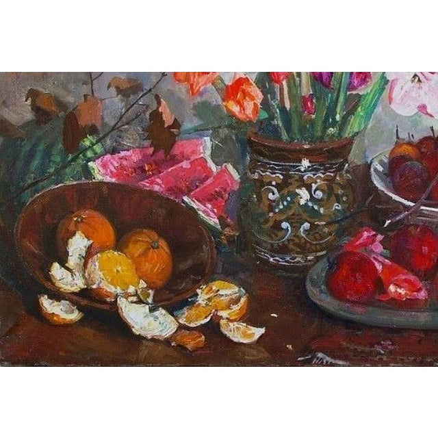 Vintage Still Life Oil Painting: Flowers and Fruit For Sale - Image 4 of 6