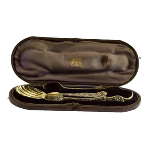 1868 Antique Partly Gilt Sterling Sugar Spoon & Tongs Set- 2 Pieces