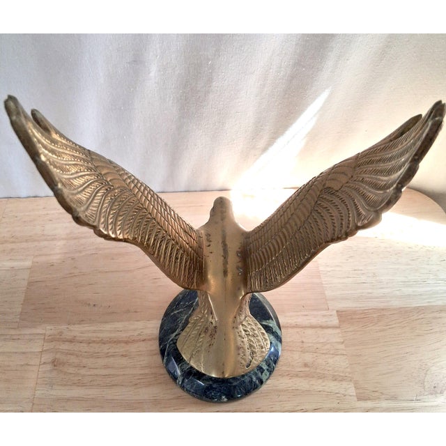 Vintage Cast Brass Eagle With Spanned Wings in Flight – Round Marble Base For Sale - Image 9 of 16