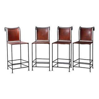 Spanish Hacienda Wrought Iron & Leather Counter Stools, 1960s For Sale