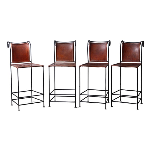 Spanish Hacienda Wrought Iron & Leather Counter Stools, 1960s For Sale