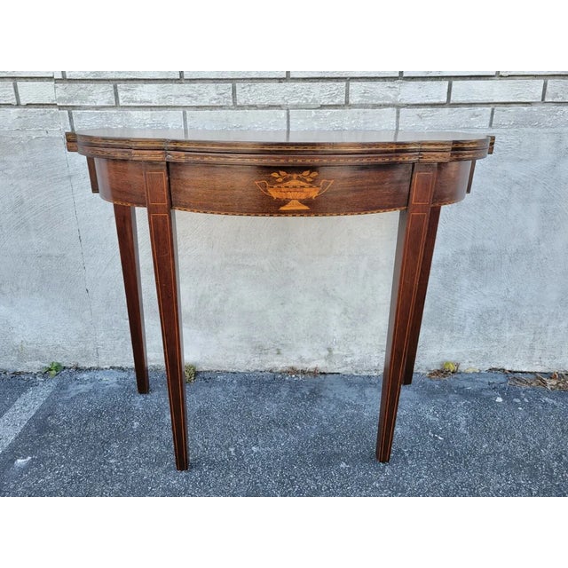 Exquisite 1920 English Sheraton Mahogany Inlaid Console Game Table by Charak G. Fox - A True Masterpiece! Presenting an...