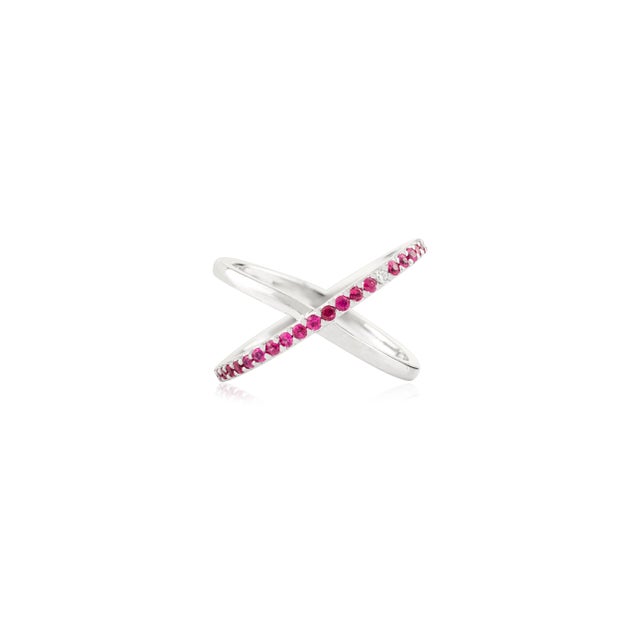 American 14k White Gold Unique Criss Cross Ruby Ring With Diamond Size 5.5 For Sale - Image 3 of 12