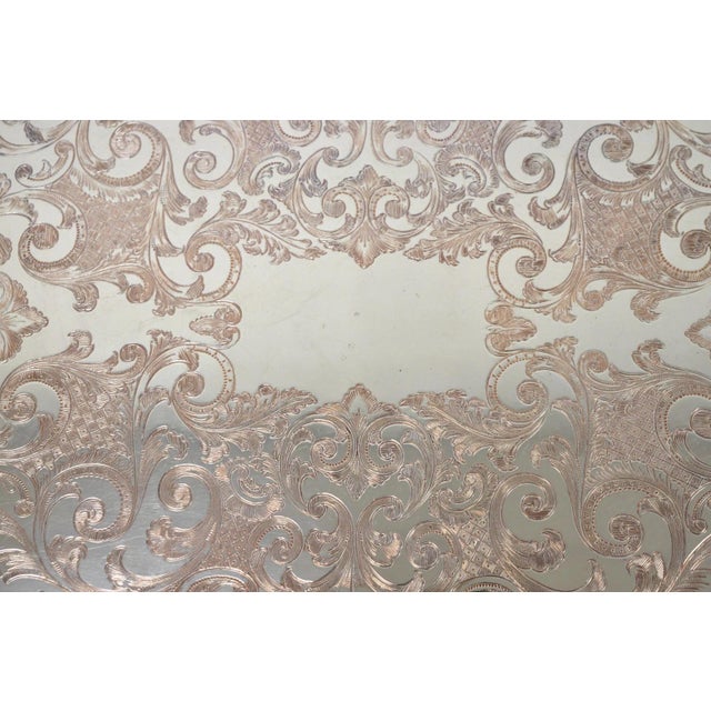 Silver Vintage English Victorian Silver Plated Ornate Footed Serving Platter Bar Tray For Sale - Image 8 of 16