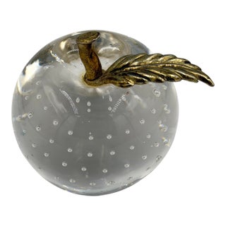 Venetian Art Glass Apple Paperweight W/Brass Leaf & Stem Bullicante Bubbles For Sale