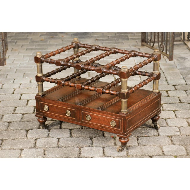 English 1940s Mahogany Magazine Rack on Casters with Faux Bamboo Accents For Sale - Image 4 of 12
