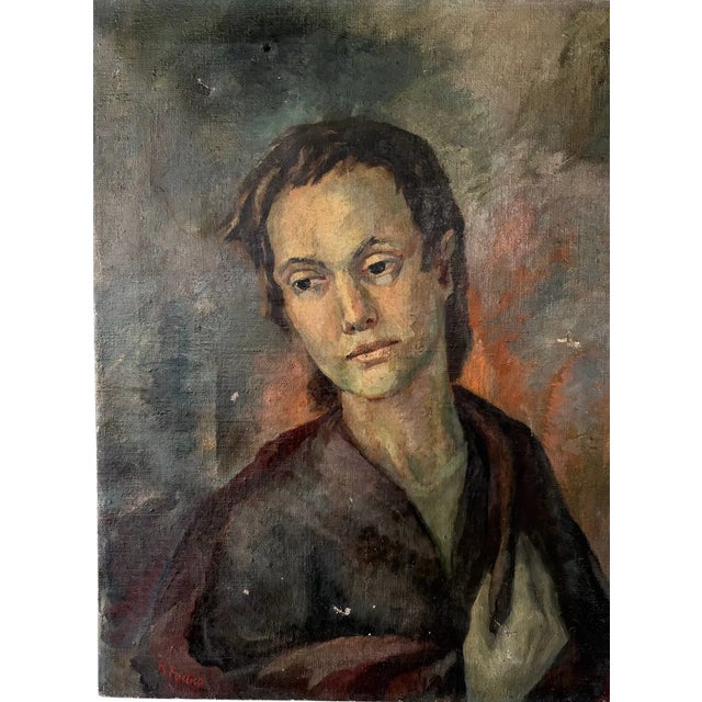 Signed oil portrait painting on canvas. A solemn portrait painting created with dark gray and brown hues and a splash of...