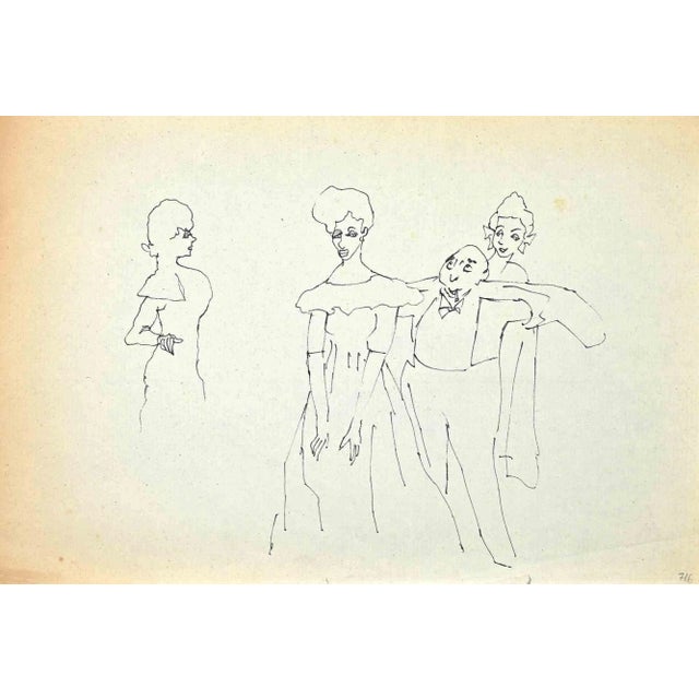 Mino Maccari, Gallant and Ladies, Pen Drawing, Mid-20th Century For Sale