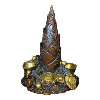 Vintage Chinese Gilt Bronze Bamboo Shoot & Coin Sculpture - "Rising Fortune" Motif For Sale