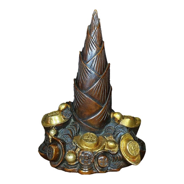 Vintage Chinese Gilt Bronze Bamboo Shoot & Coin Sculpture - "Rising Fortune" Motif For Sale