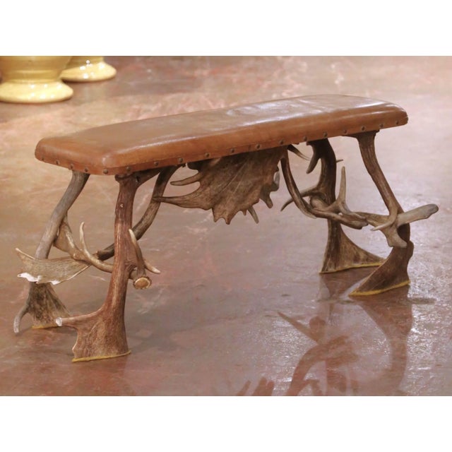 Early 20th Century Austrian Black Forest Antler Bench With Leather Seat For Sale In Dallas - Image 6 of 9