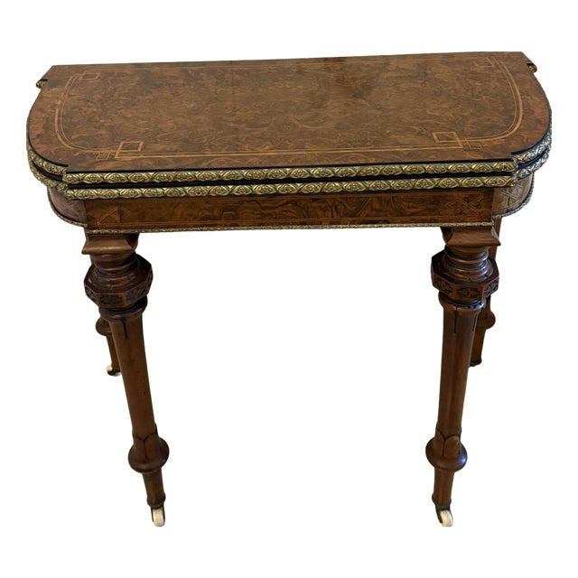 Antique Victorian Burr Walnut Card Console Table with Ormolu Mounts and Inlay, 1850 For Sale