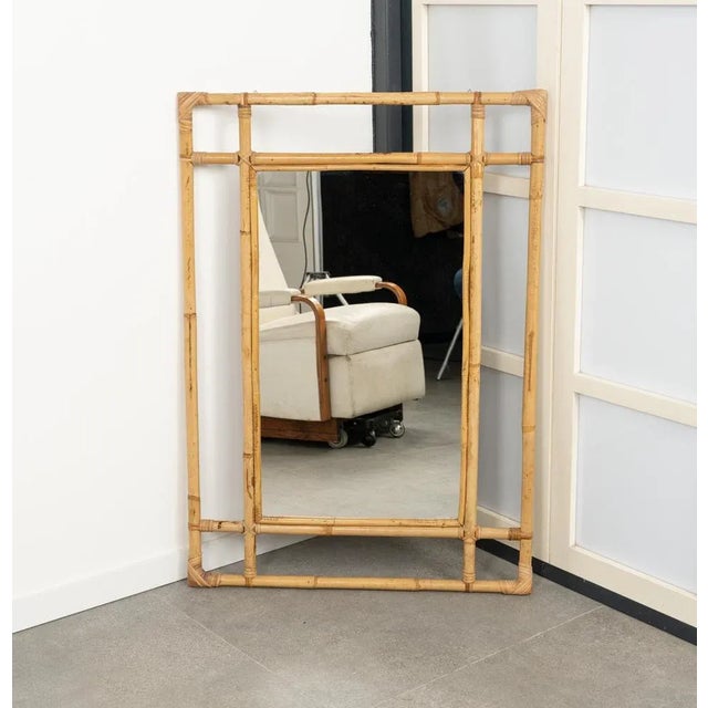 Midcentury beautiful large rectangular wall mirror in bamboo and rattan in the style of Vivai Del Sud. Made in Italy in...