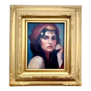 Original Oil Portrait Painting, Desert Princess in Ornate Gold Frame, 16.5"h For Sale