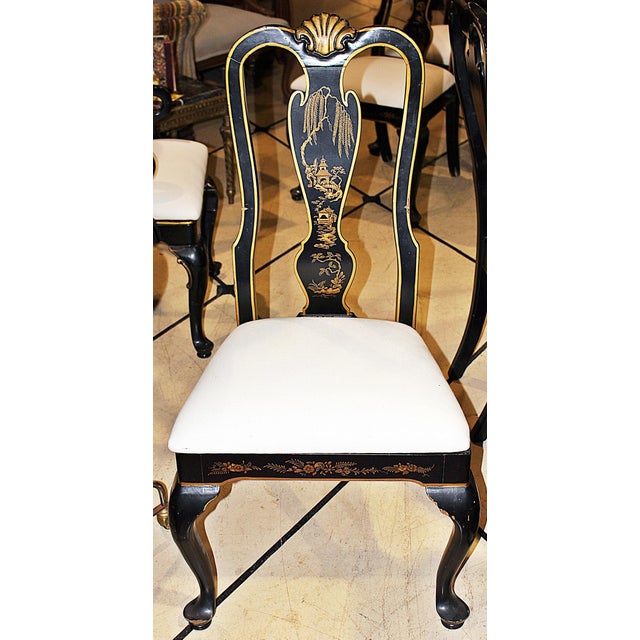 Traditional set of elegant Queen Anne black Chinoiserie original shabby painted dining side chairs, spoon back, cabriole...