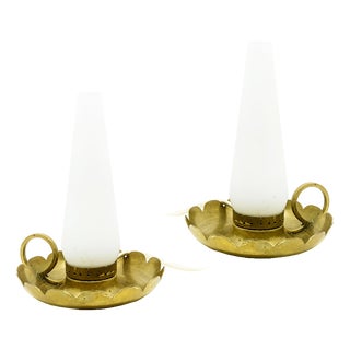 Brass and Opaline Glass Bedside Table Lamps in the style of Arredoluce, 1940s, Set of 2 For Sale