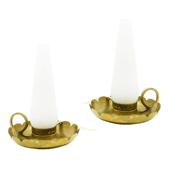 Brass and Opaline Glass Bedside Table Lamps in the style of Arredoluce, 1940s, Set of 2 For Sale