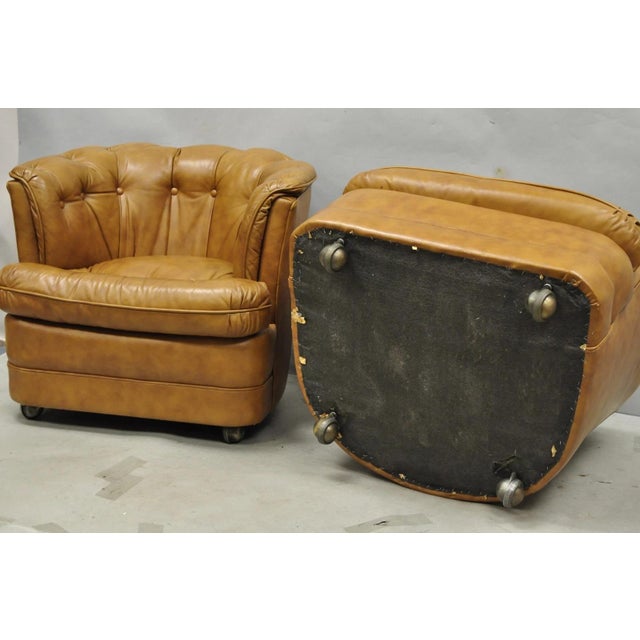 Vintage Classic Leather Chesterfield Brown Tufted Leather Barrel Club Chair Pair For Sale - Image 14 of 14