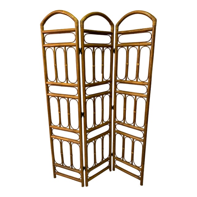 Vintage Rattan 3-Panel Room Divider For Sale