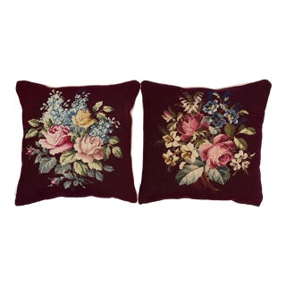 Vintage Floral Needlepoint & Cashmere Pillows - Pair of 2 For Sale