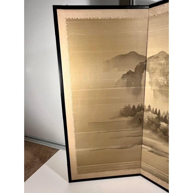 Vintage Japanese 4-Panel Byobu Folding Screen Hand Painted on Silk Landscape Motif 66" X 36" For Sale In Los Angeles - Image 6 of 11