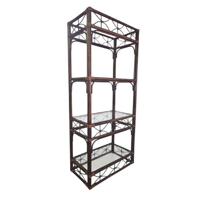 Wood Vintage Rattan Bamboo Etagere With Glass Shelves, Coastal Palm Beach Regency, 74" For Sale - Image 7 of 13