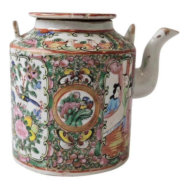 Antique Chinese Rose Medallion Porcelain Teapot — 8.5” For Sale