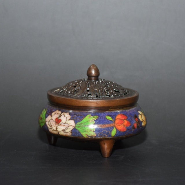 Early 21st Century Vintage Cloisonné Enamel Incense Burner With Floral Motif - Asian Censer For Sale - Image 5 of 9